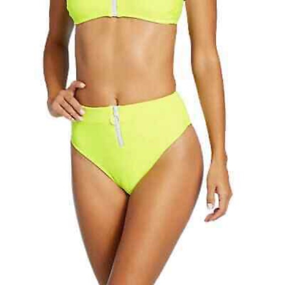NEW Revamped Ribbed High Rise Bikini Bottoms Front Zip in Neon Yellow Size S